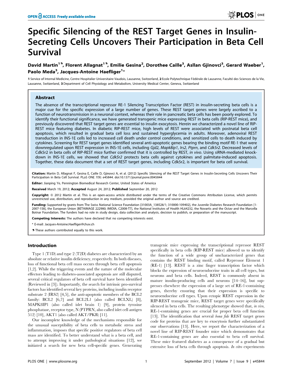 Specific Silencing of the REST Target Genes in Insulin- Secreting Cells Uncovers Their Participation in Beta Cell Survival