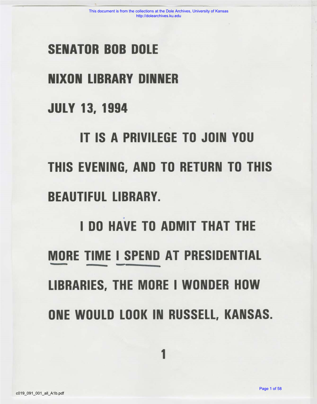 Senator Bob Dole Nixon Library Dinner July 13, 1994