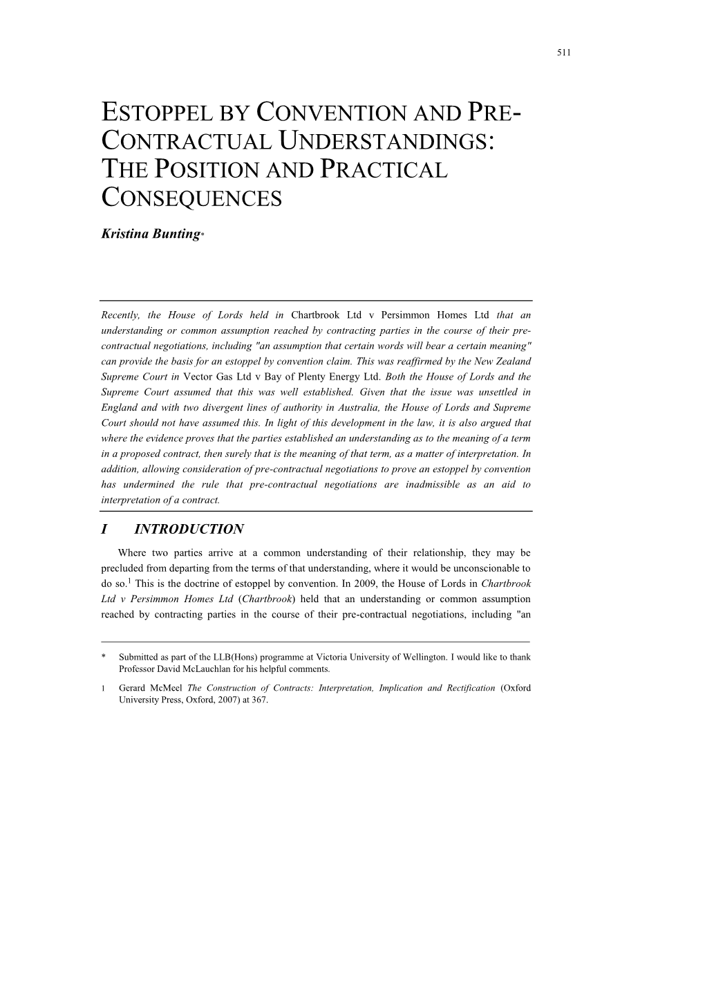 Estoppel by Convention and Pre- Contractual Understandings: the Position and Practical Consequences