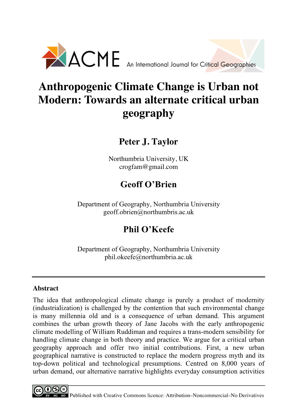 Anthropogenic Climate Change Is Urban Not Modern: Towards an Alternate Critical Urban Geography