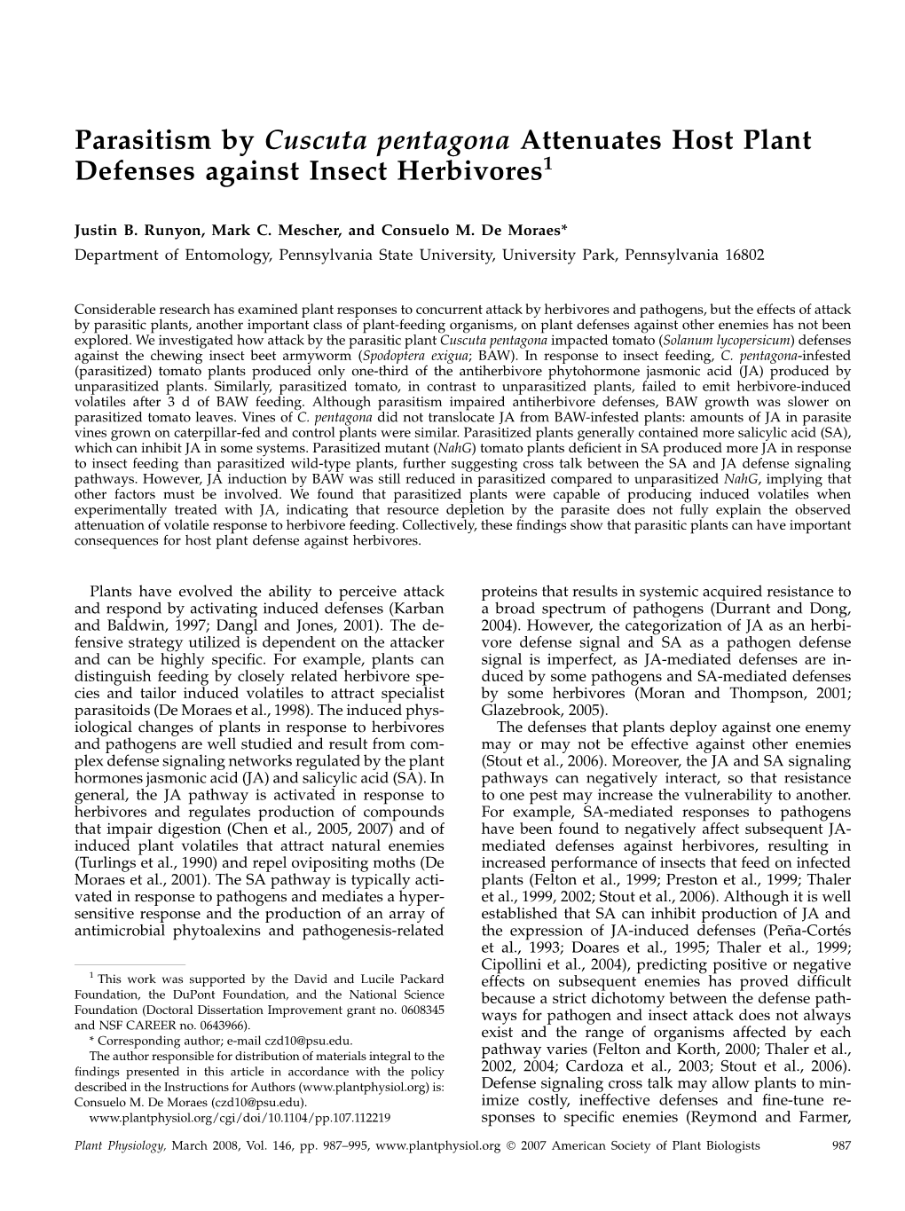 Parasitism by Cuscuta Pentagona Attenuates Host Plant Defenses Against Insect Herbivores1