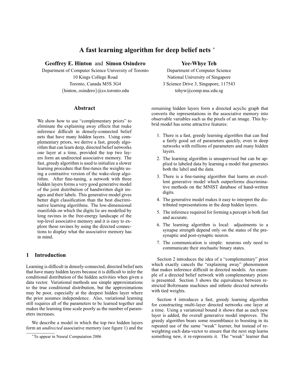 A Fast Learning Algorithm for Deep Belief Nets ∗