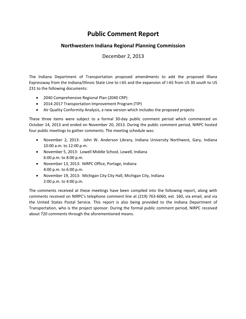 Public Comment Report Northwestern Indiana Regional Planning Commission December 2, 2013