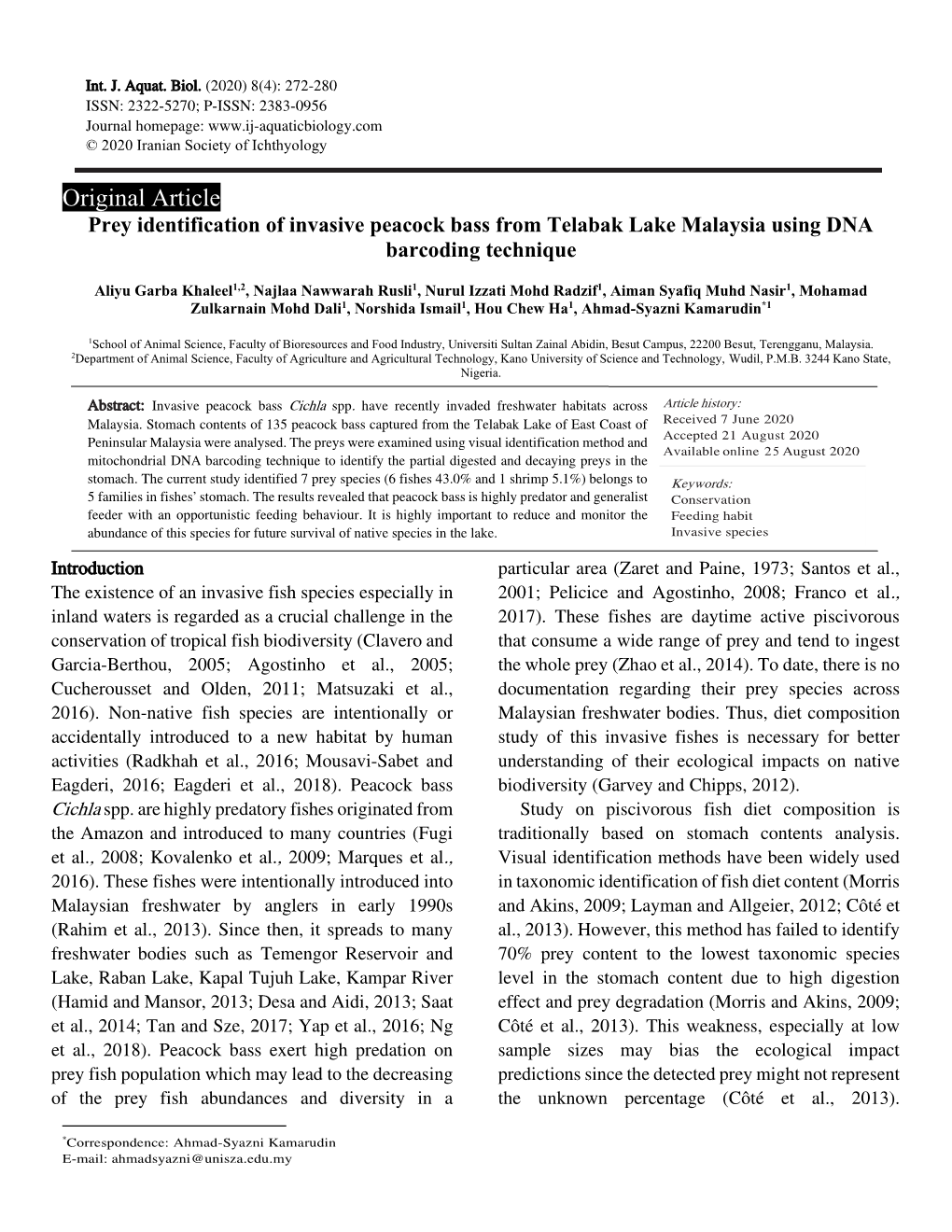 Original Article Prey Identification of Invasive Peacock Bass from Telabak Lake Malaysia Using DNA Barcoding Technique