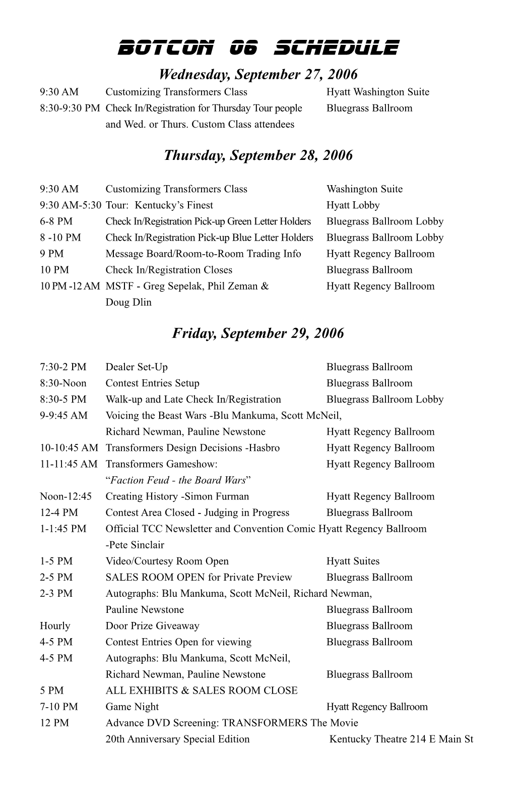 Botcon 06 Schedule