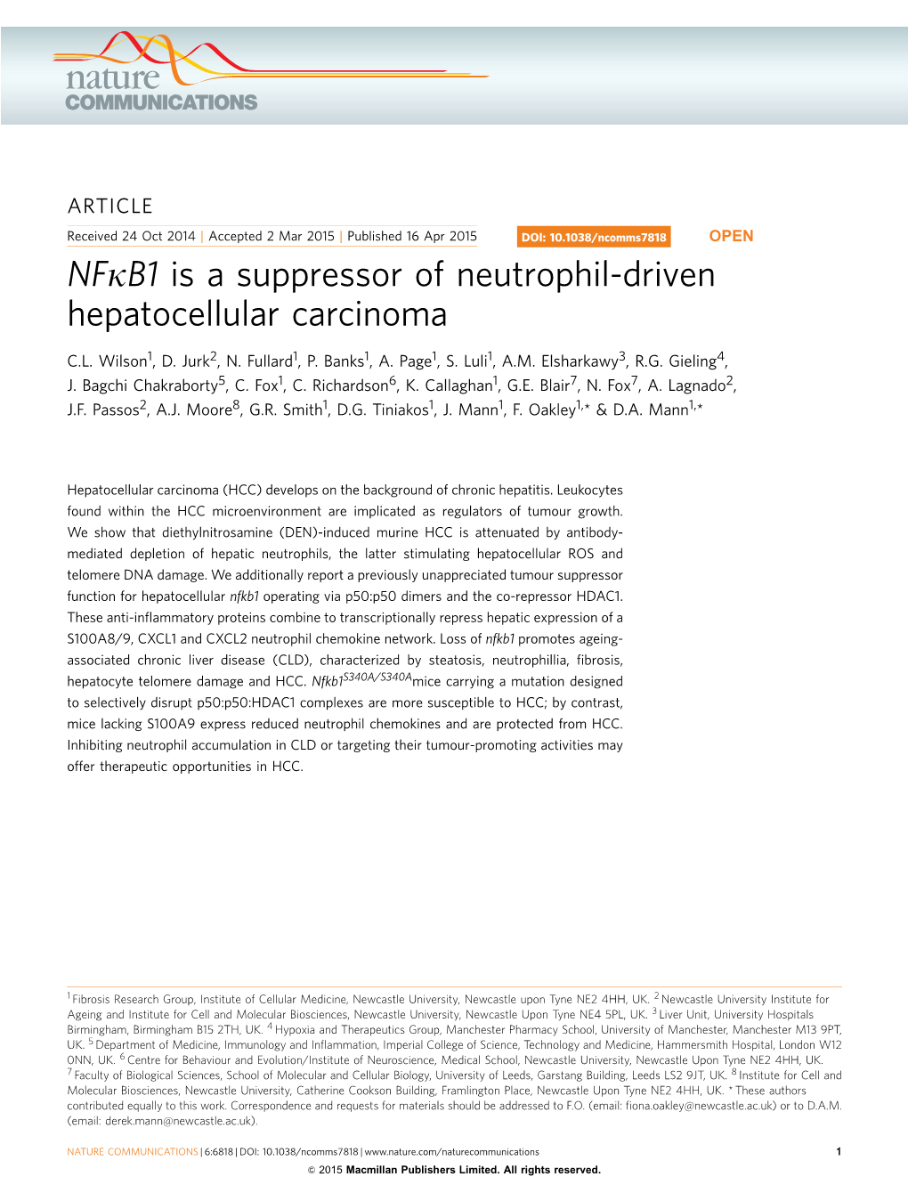 NFΚB1 Is a Suppressor of Neutrophil-Driven