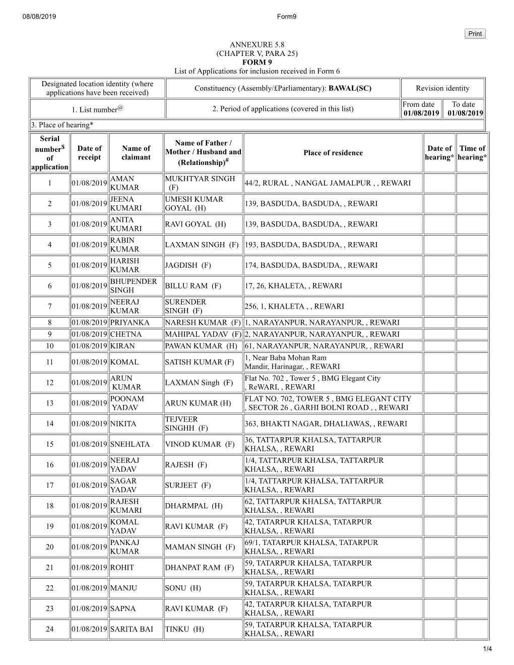 ANNEXURE 5.8 (CHAPTER V, PARA 25) FORM 9 List of Applications for Inclusion Received in Form 6 Designated Location Identity (Whe