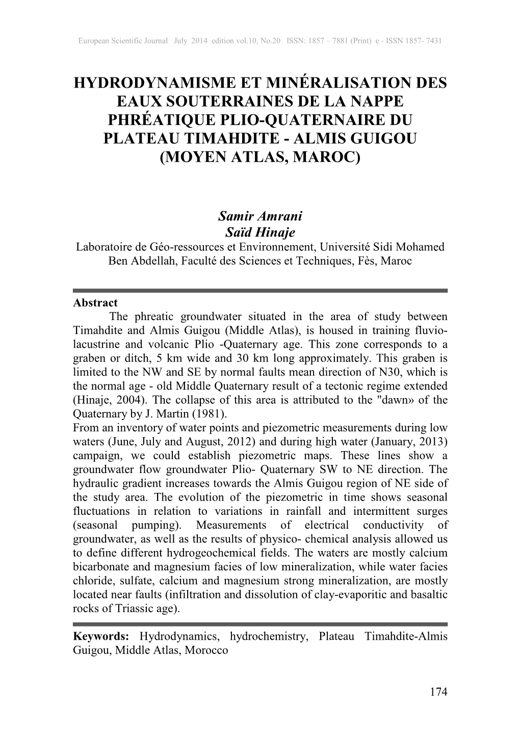 Hydrodynamisme Et Minéralisation Des Eaux Souterraines De La Nappe Phréatique Plio-Quaternaire Du Plateau Timahdite - Almis Guigou (Moyen Atlas, Maroc)