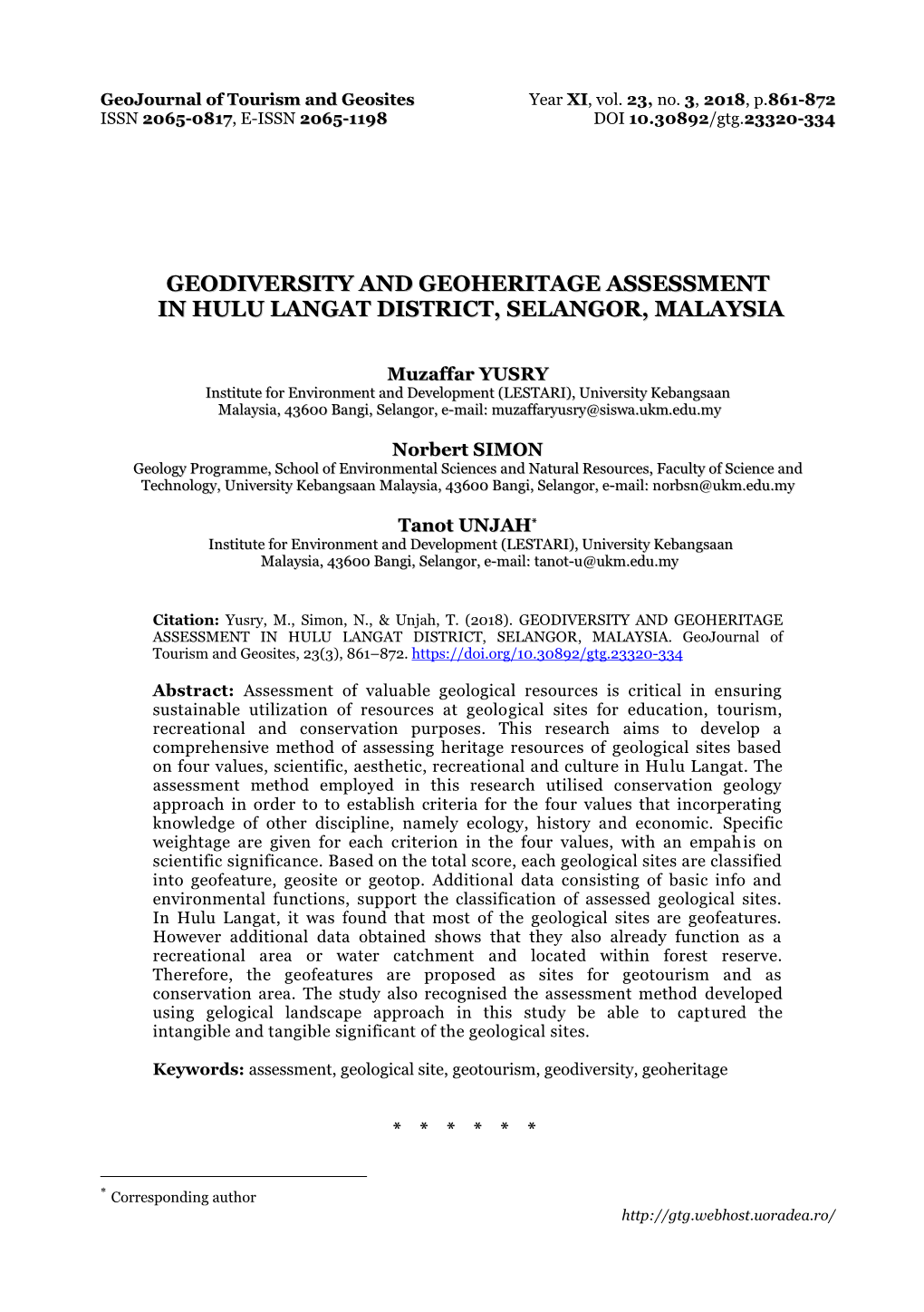 Geodiversity and Geoheritage Assessment in Hulu Langat District, Selangor, Malaysia