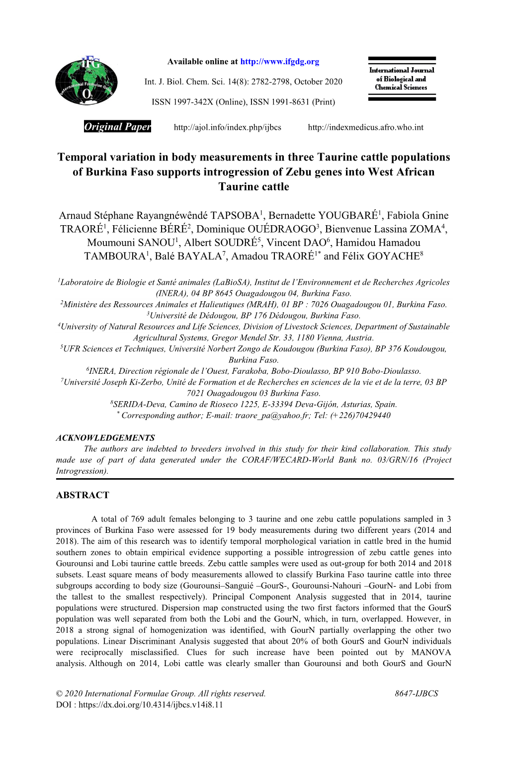 Temporal Variation in Body Measurements in Three Taurine Cattle Populations of Burkina Faso Supports Introgression of Zebu Genes Into West African Taurine Cattle