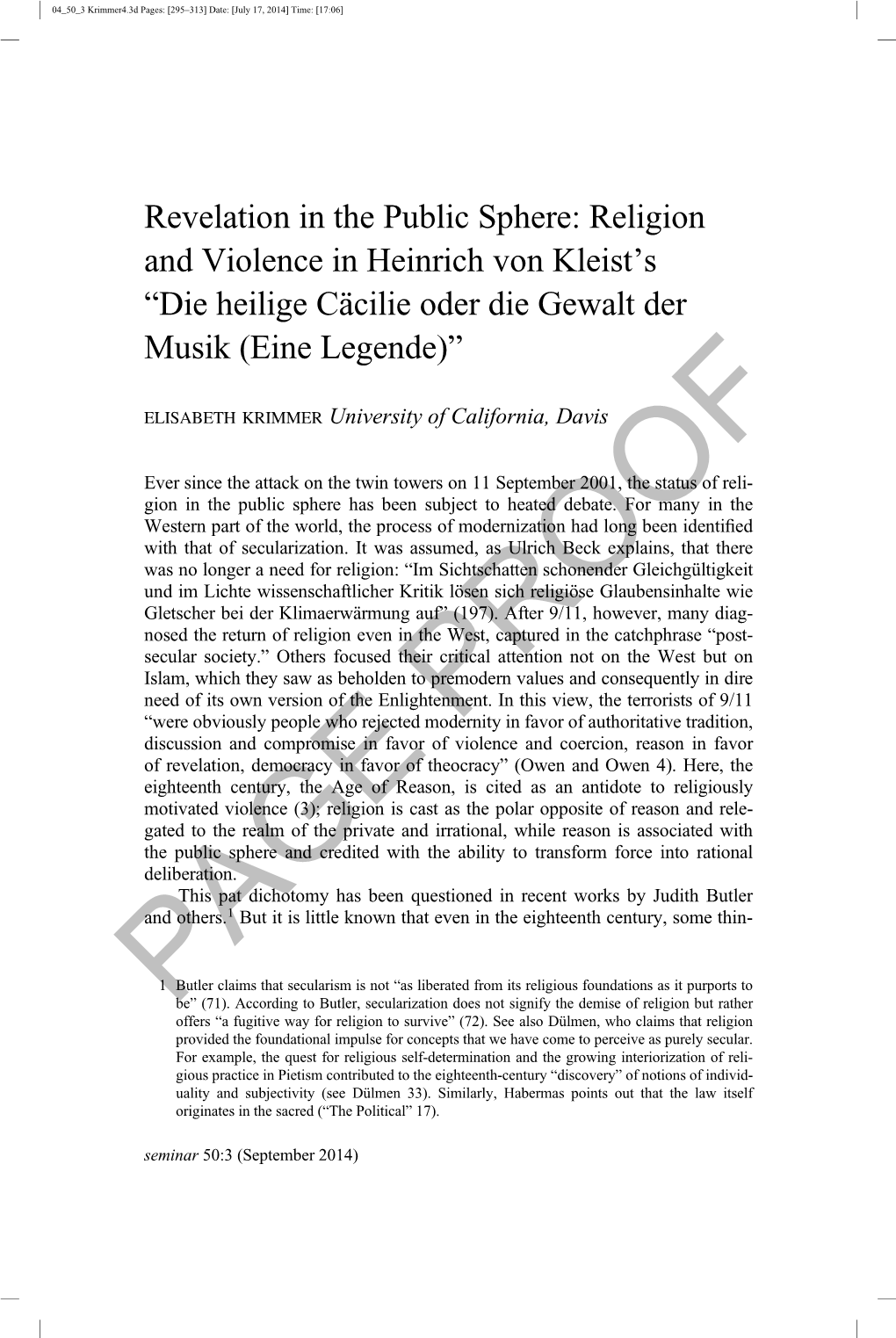 Religion and Violence in Heinrich Von Kleist's