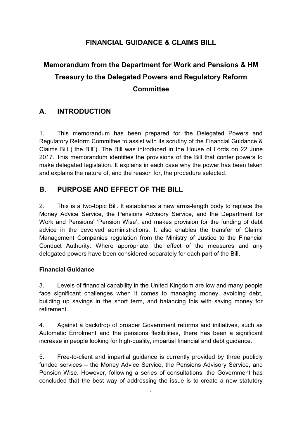 Financial Guidance and Claims Bill Delegated Powers Memorandum