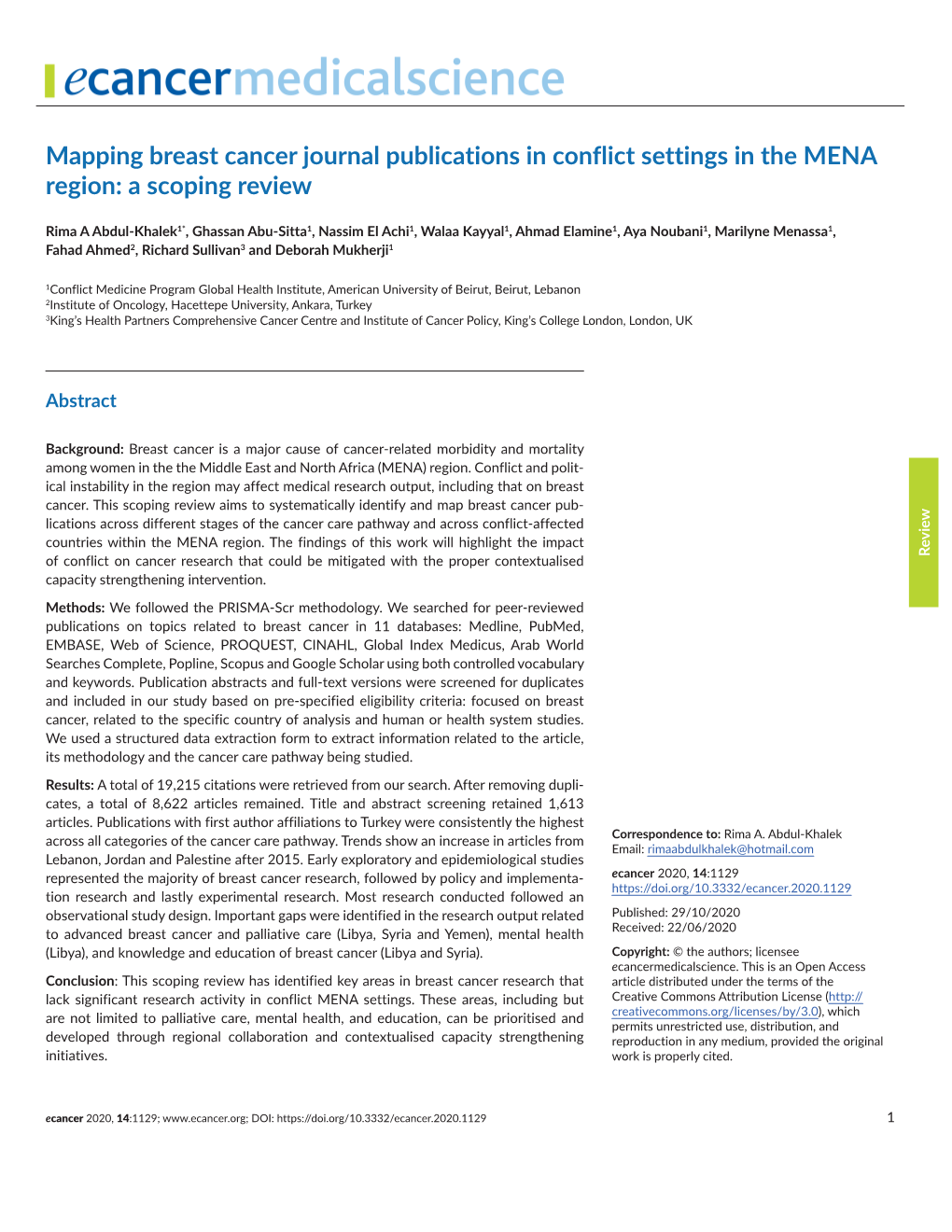 Mapping Breast Cancer Journal Publications in Conflict Settings in the MENA Region: a Scoping Review