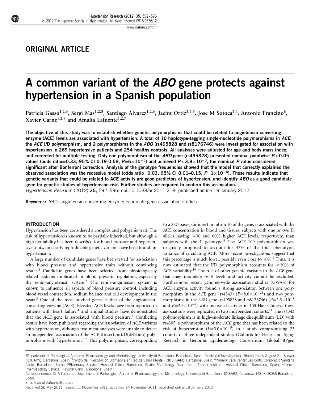 A Common Variant of the ABO Gene Protects Against Hypertension in a Spanish Population