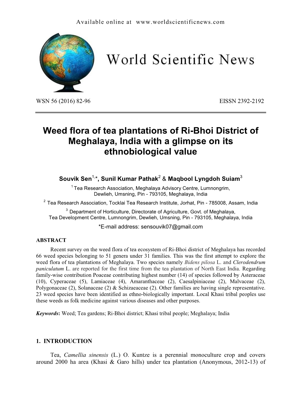 Weed Flora of Tea Plantations of Ri-Bhoi District of Meghalaya, India with a Glimpse on Its Ethnobiological Value