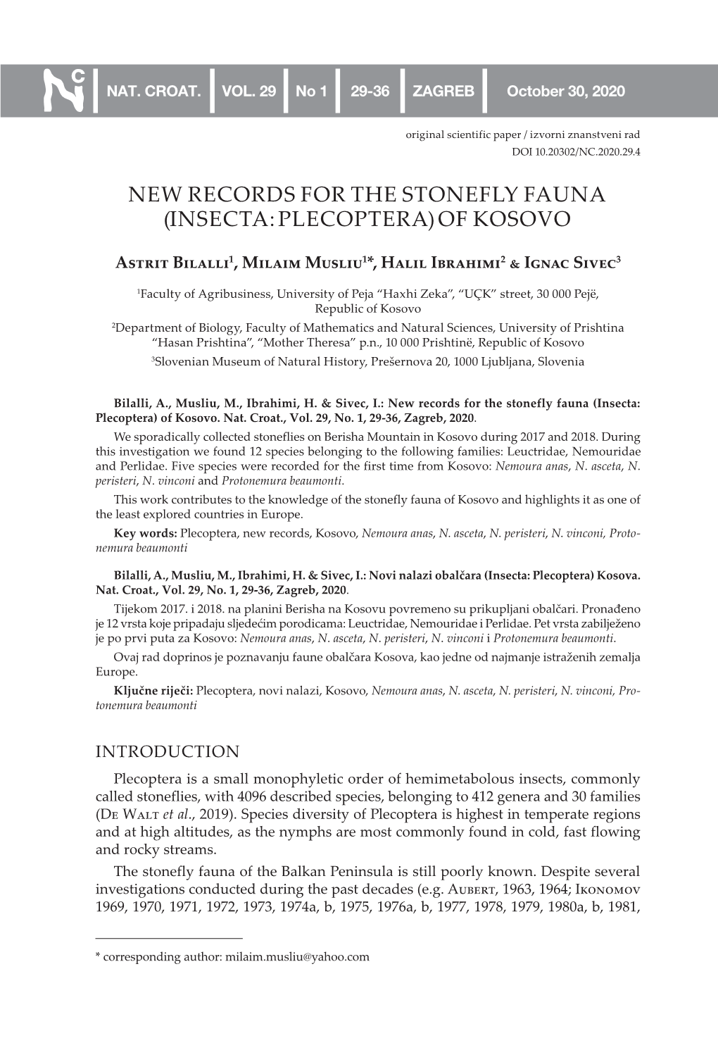 New Records for the Stonefly Fauna (Insecta: Plecoptera) of Kosovo