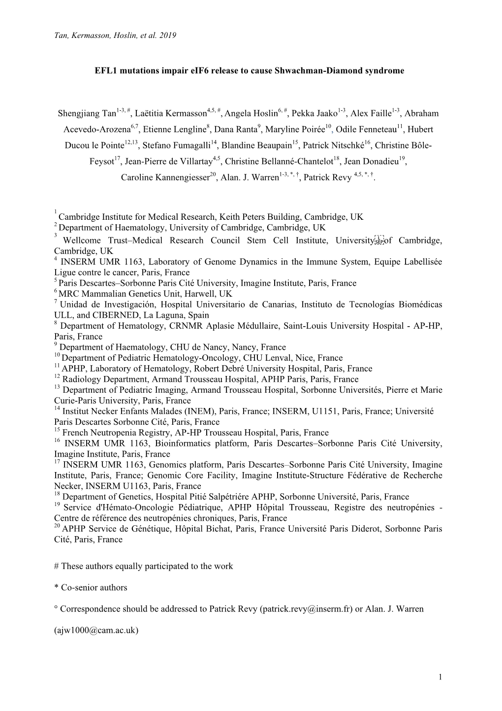 EFL1 Mutations Impair Eif6 Release to Cause Shwachman-Diamond Syndrome