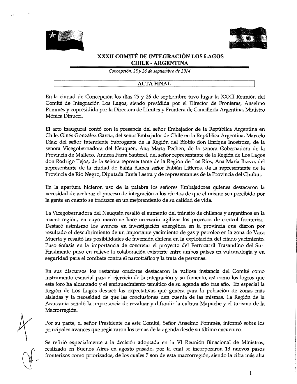 XXXII COMITÉ DE INTEGRACIÓN LOS LAGOS CHILE - ARGENTINA Concepción, 25 Y 26 De Septiembre De 2014