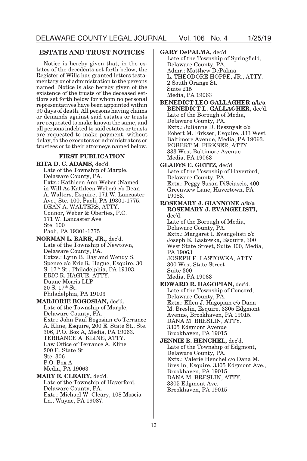 DELAWARE COUNTY LEGAL JOURNAL Vol. 106 No. 4 1/25/19