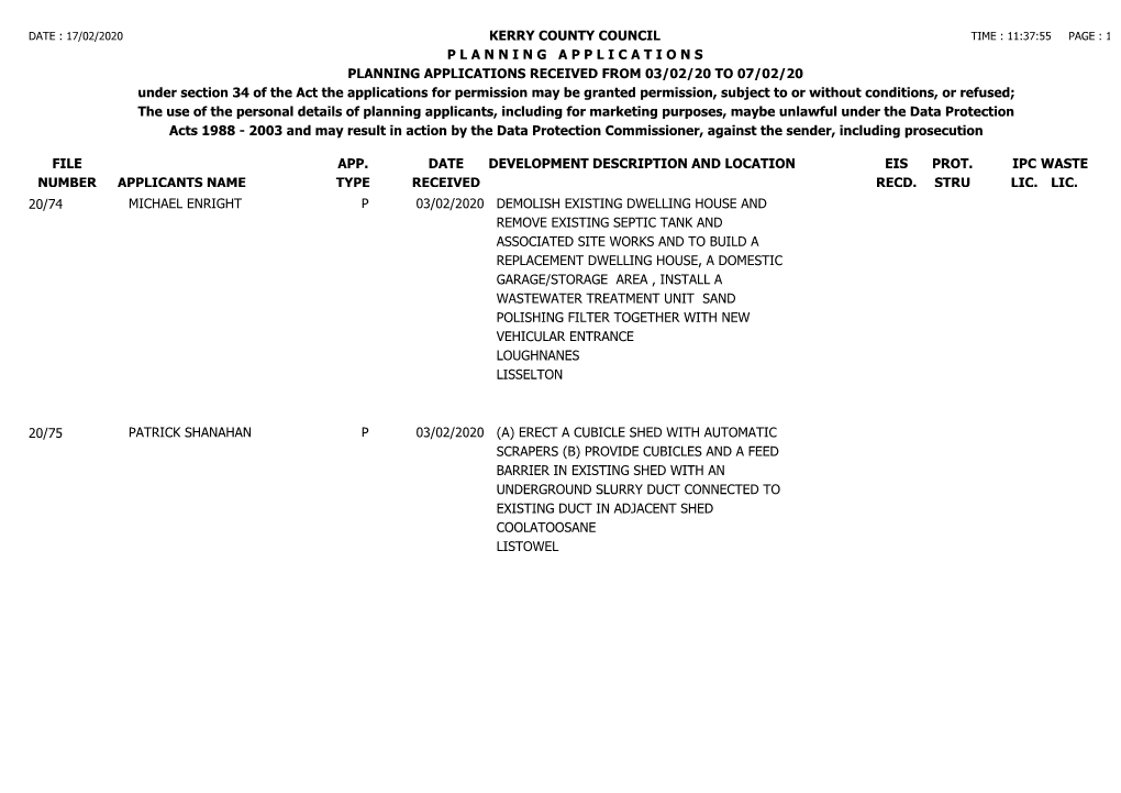 File Number Kerry County Council P L a N N I N G a P P L I C a T I O N S Planning Applications Received from 03/02/20 to 07/02