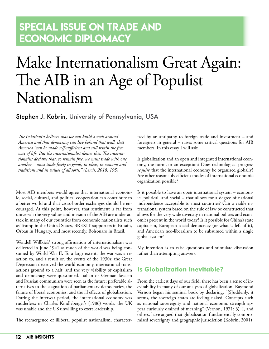 Make Internationalism Great Again: the AIB in an Age of Populist Nationalism Stephen J