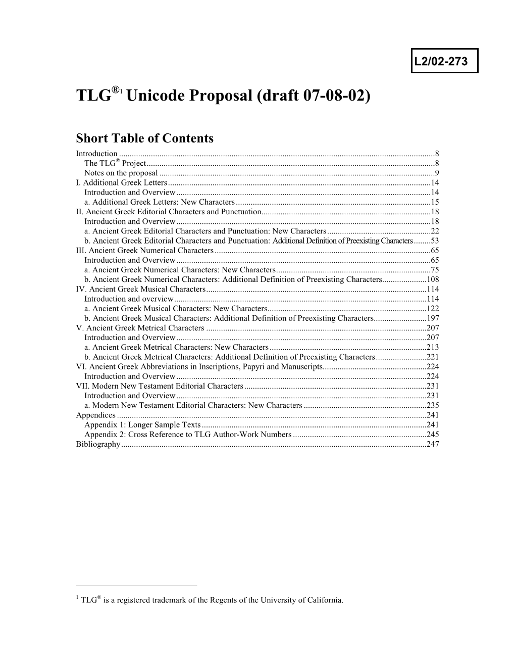 TLG ®1 Unicode Proposal (Draft 07-08-02)