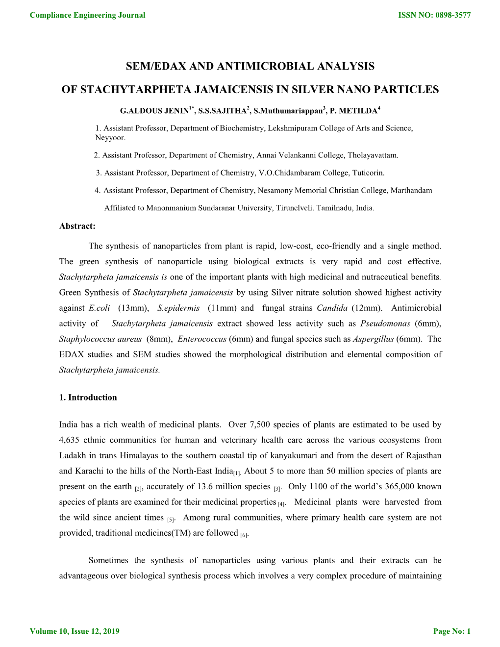 Sem/Edax and Antimicrobial Analysis of Stachytarpheta Jamaicensis In