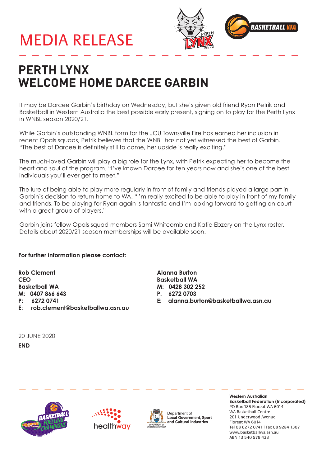 Media Release Perth Lynx Darcee Garbin
