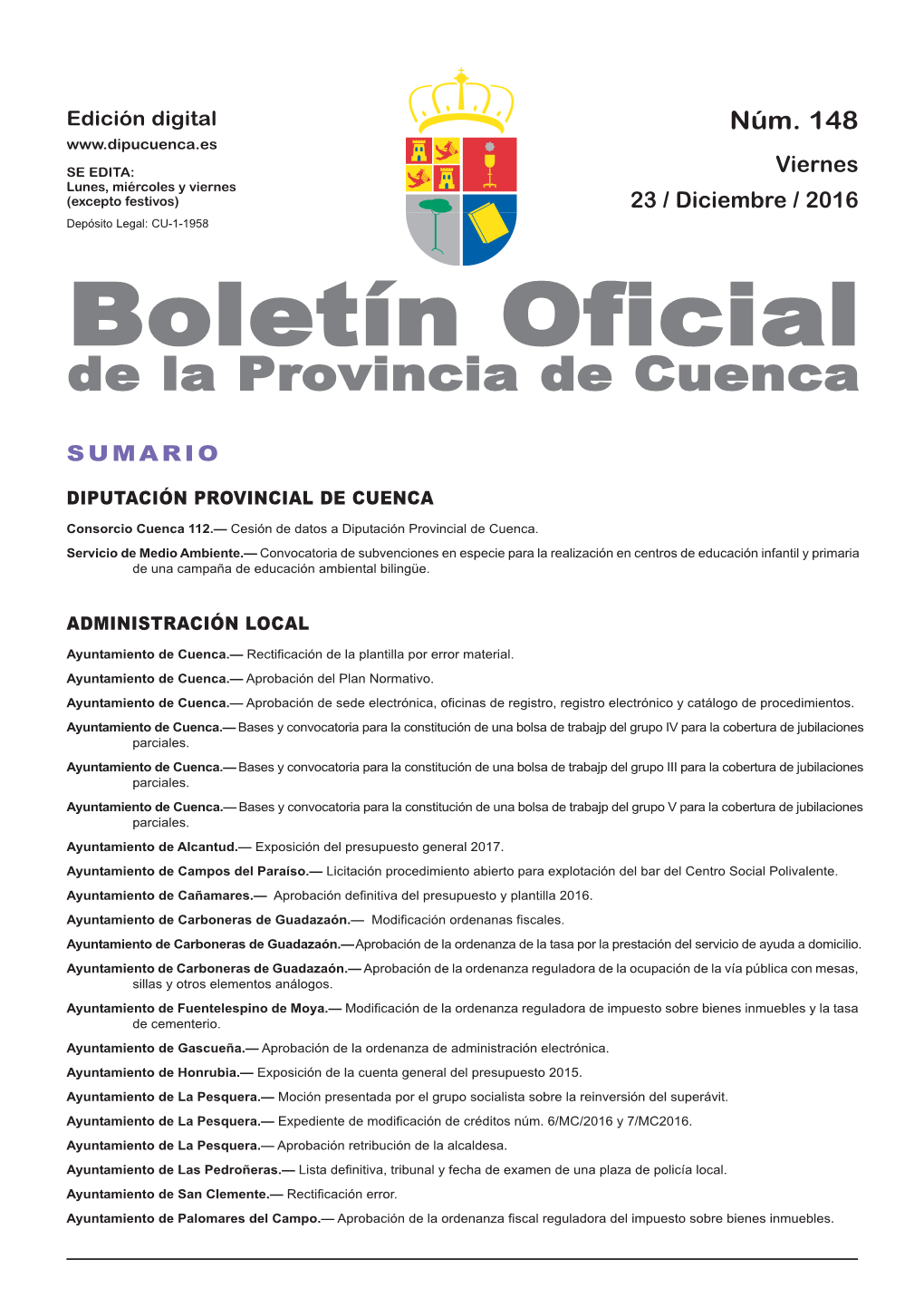 Boletín Oficial De La Provincia De Cuenca Sumario Diputación Provincial De Cuenca