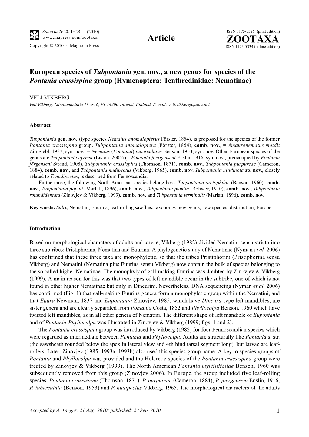 Zootaxa 2620: 1–28 (2010) ISSN 1175-5326 (Print Edition) Article ZOOTAXA Copyright © 2010 · Magnolia Press ISSN 1175-5334 (Online Edition)