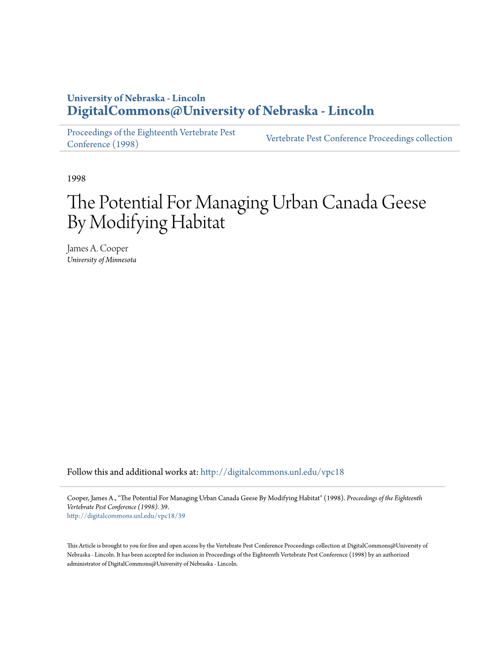 The Potential for Managing Urban Canada Geese by Modifying Habitat