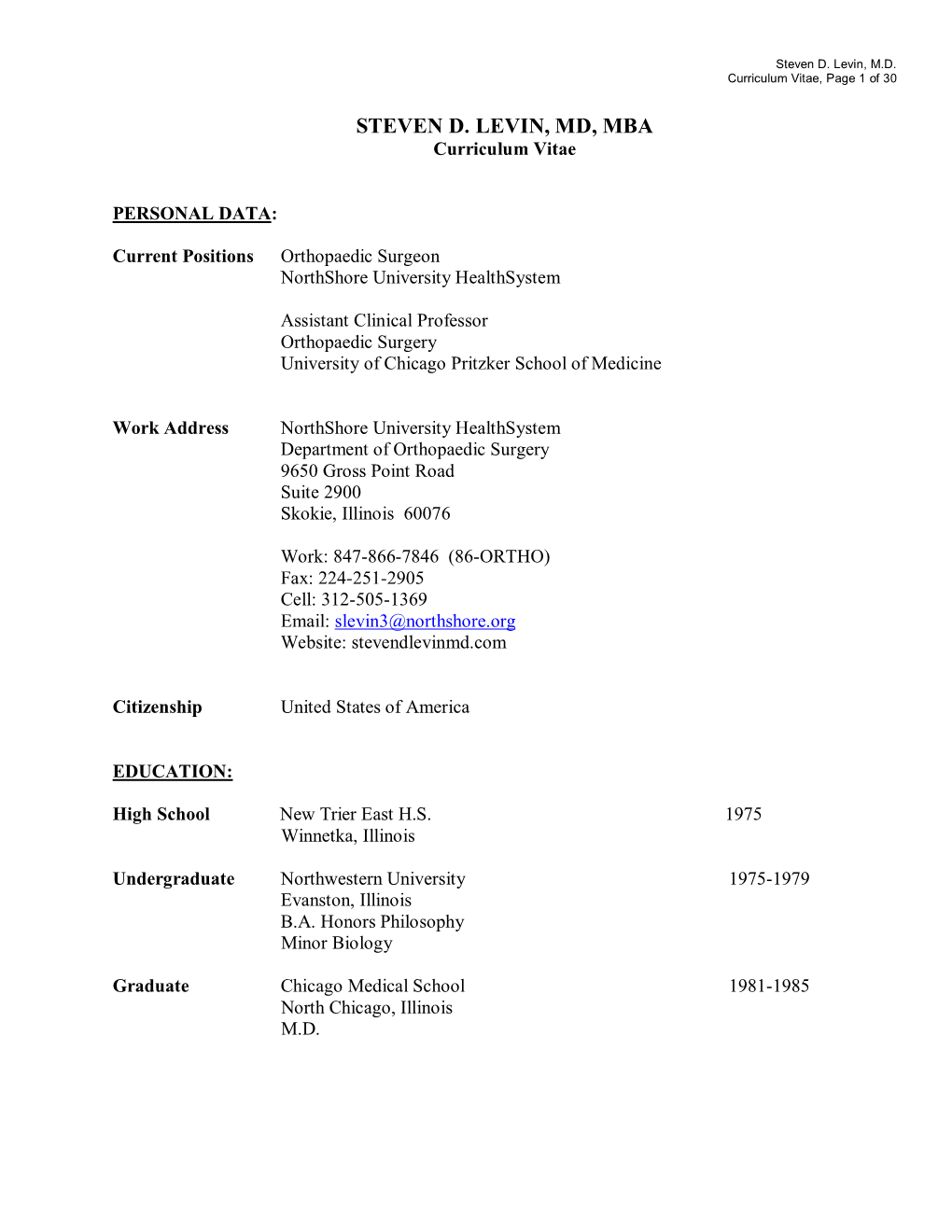 Steven D. Levin, M.D. Curriculum Vitae, Page 1 of 30