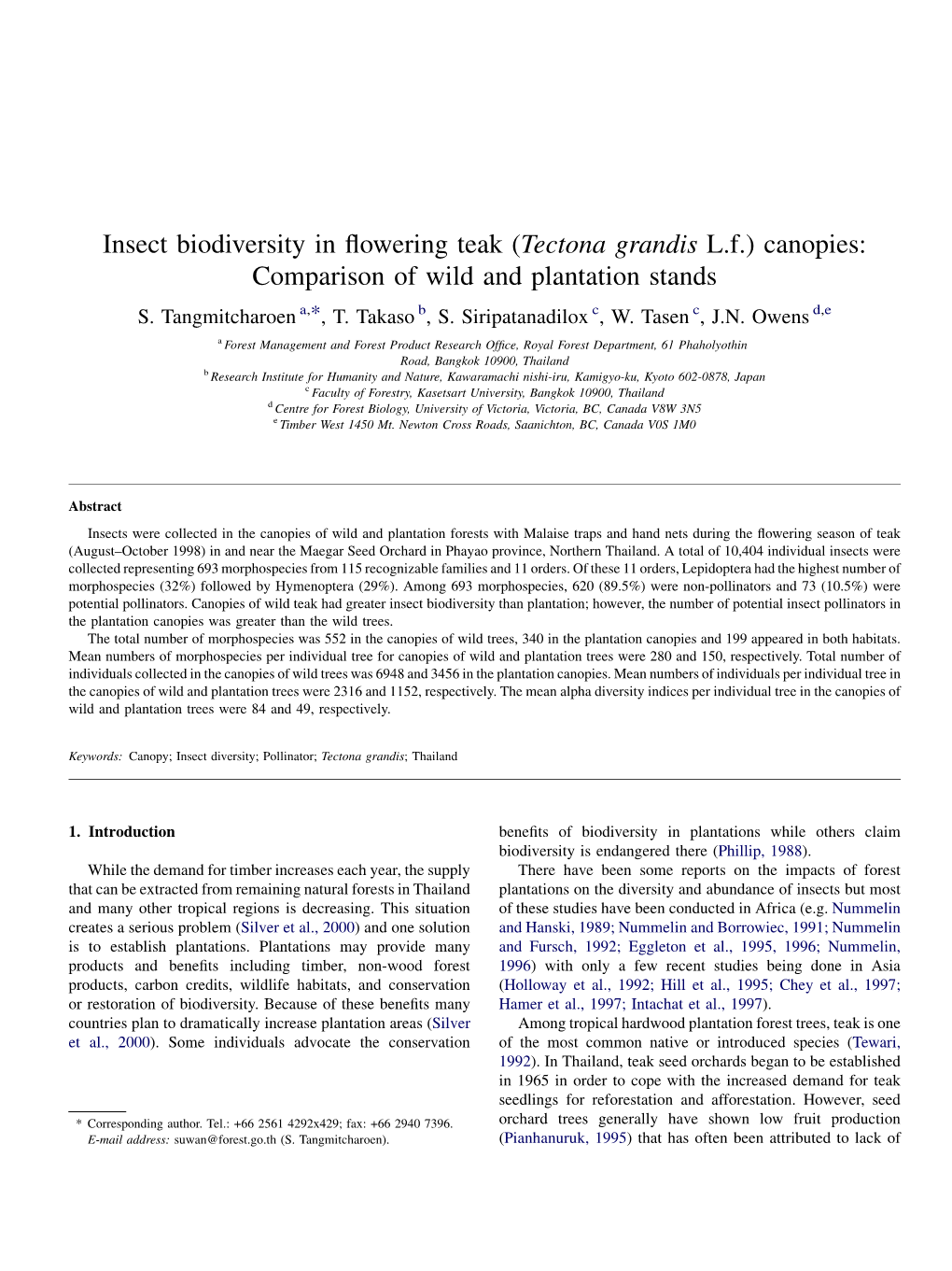 Insect Biodiversity in Flowering Teak (Tectona Grandis L.F.) Canopies