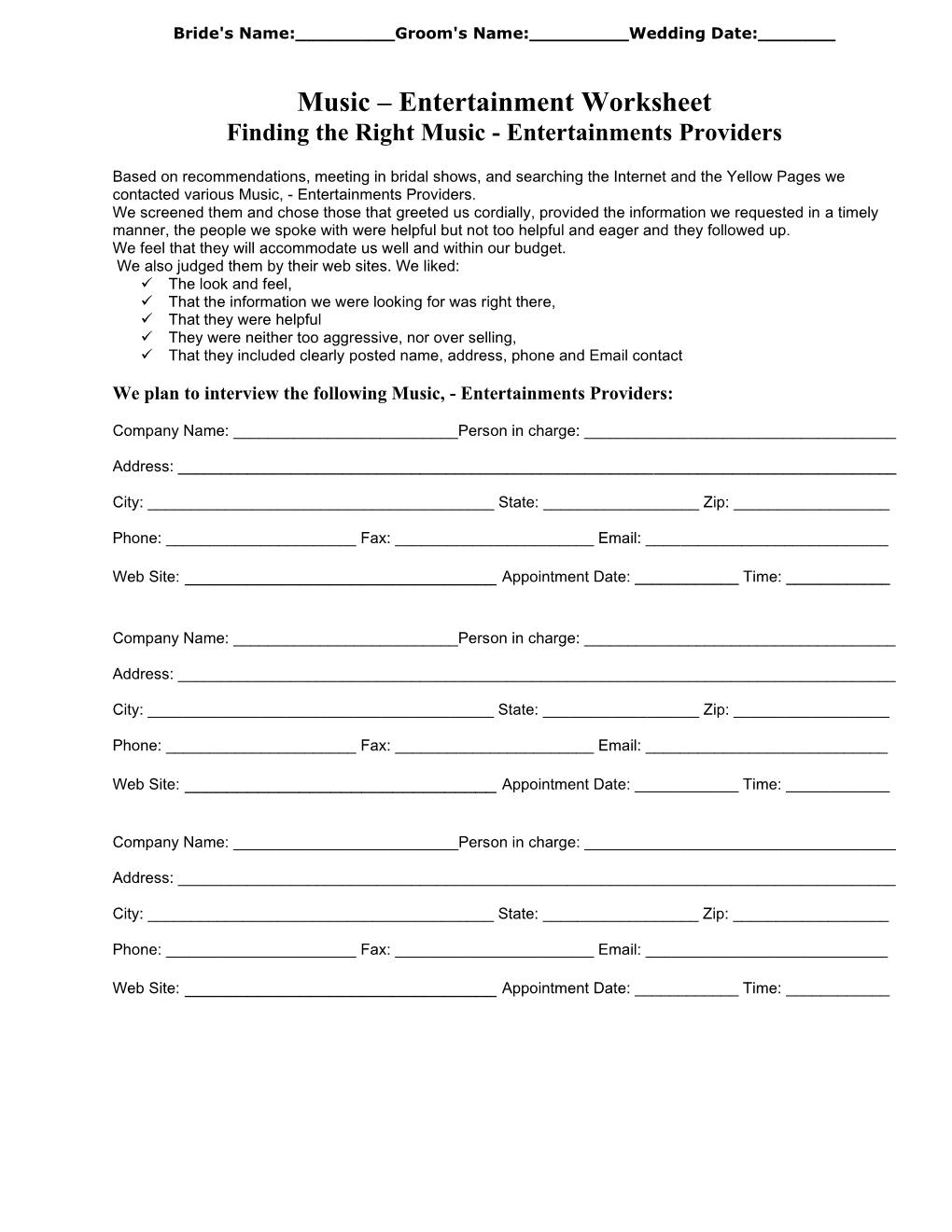 Music – Entertainment Worksheet Finding the Right Music - Entertainments Providers