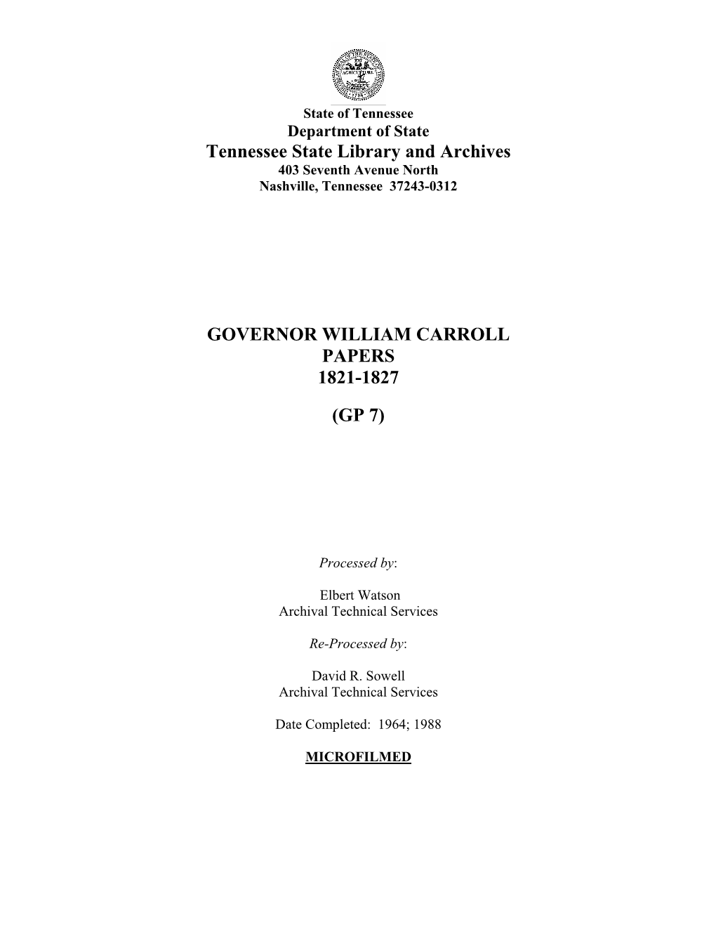 Governor William Carroll Papers 1821-1827