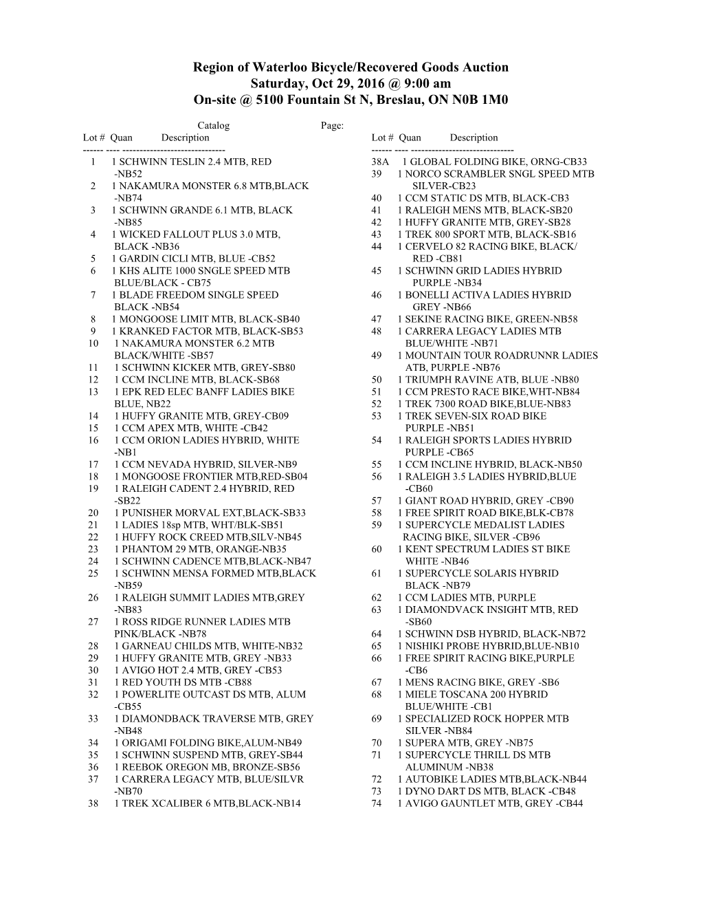 Region of Waterloo Bicycle/Recovered Goods Auction Saturday, Oct 29, 2016 @ 9:00 Am On-Site @ 5100 Fountain St N, Breslau, on N0B 1M0