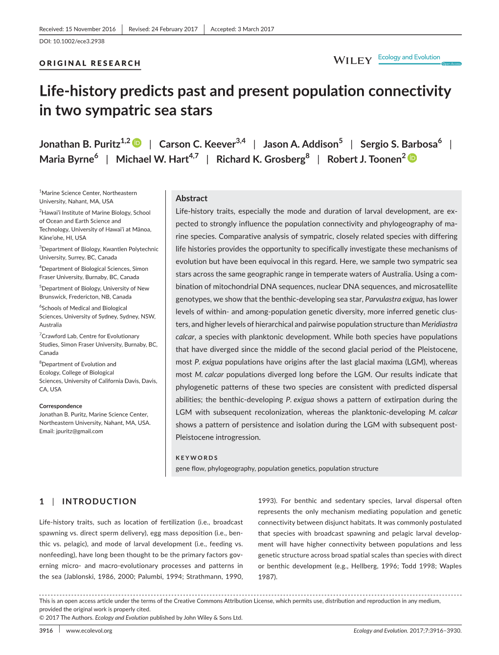 History Predicts Past and Present Population Connectivity in Two Sympatric Sea Stars