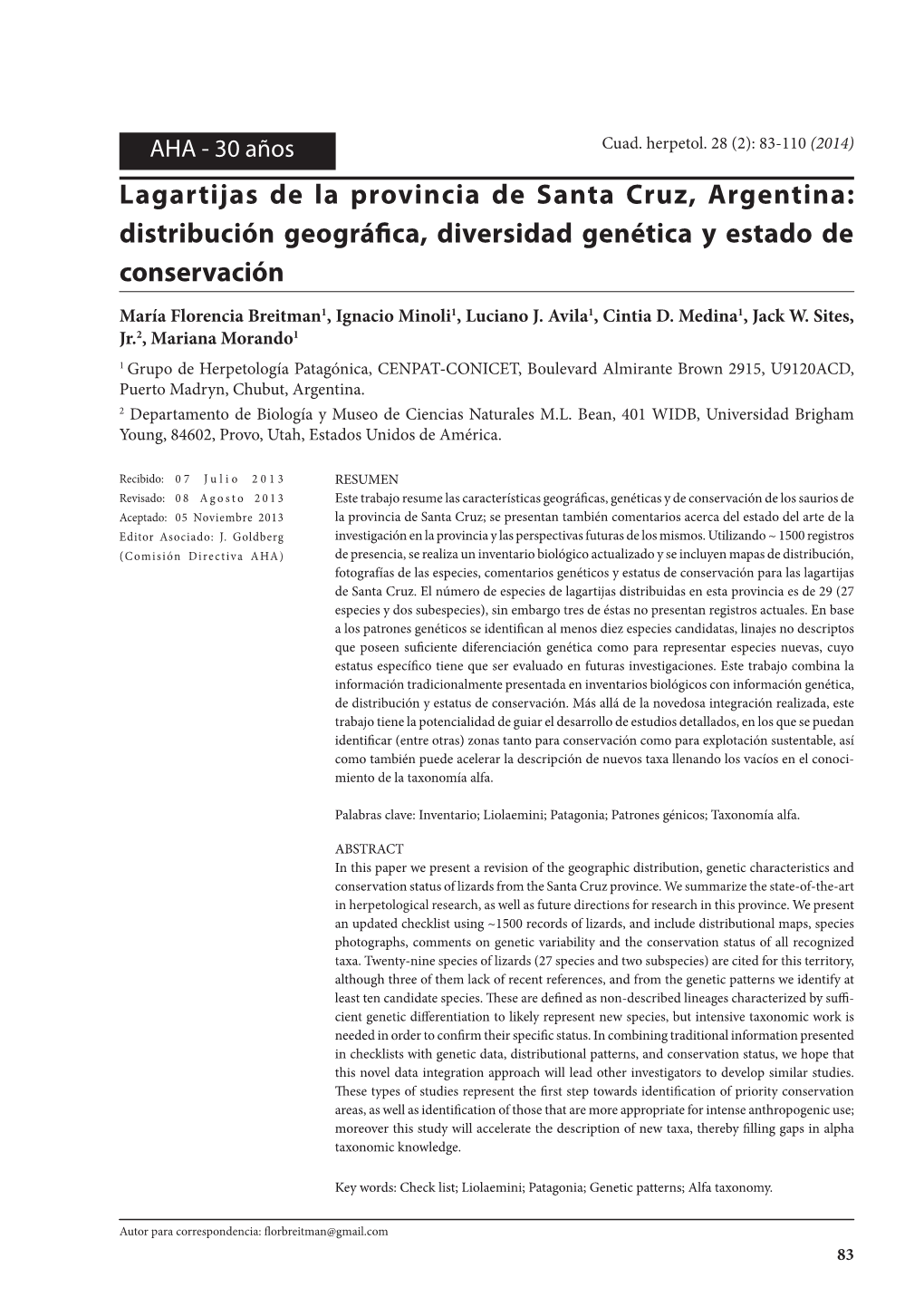 Lagartijas De La Provincia De Santa Cruz, Argentina: Distribución Geográfica, Diversidad Genética Y Estado De Conservación