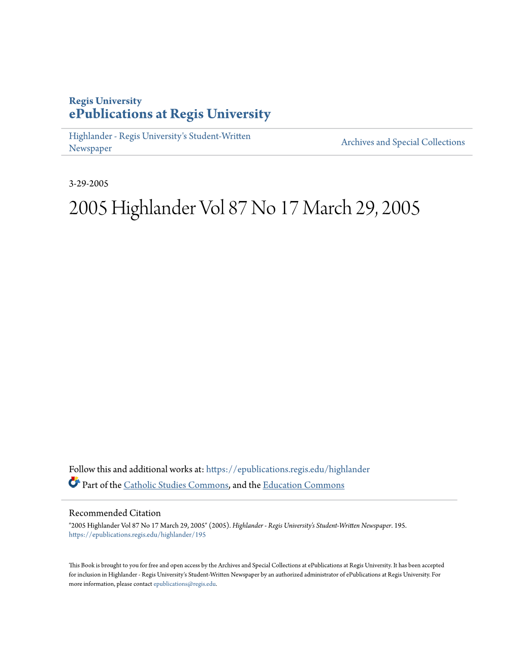 Highlander - Regis University's Student-Written Archives and Special Collections Newspaper
