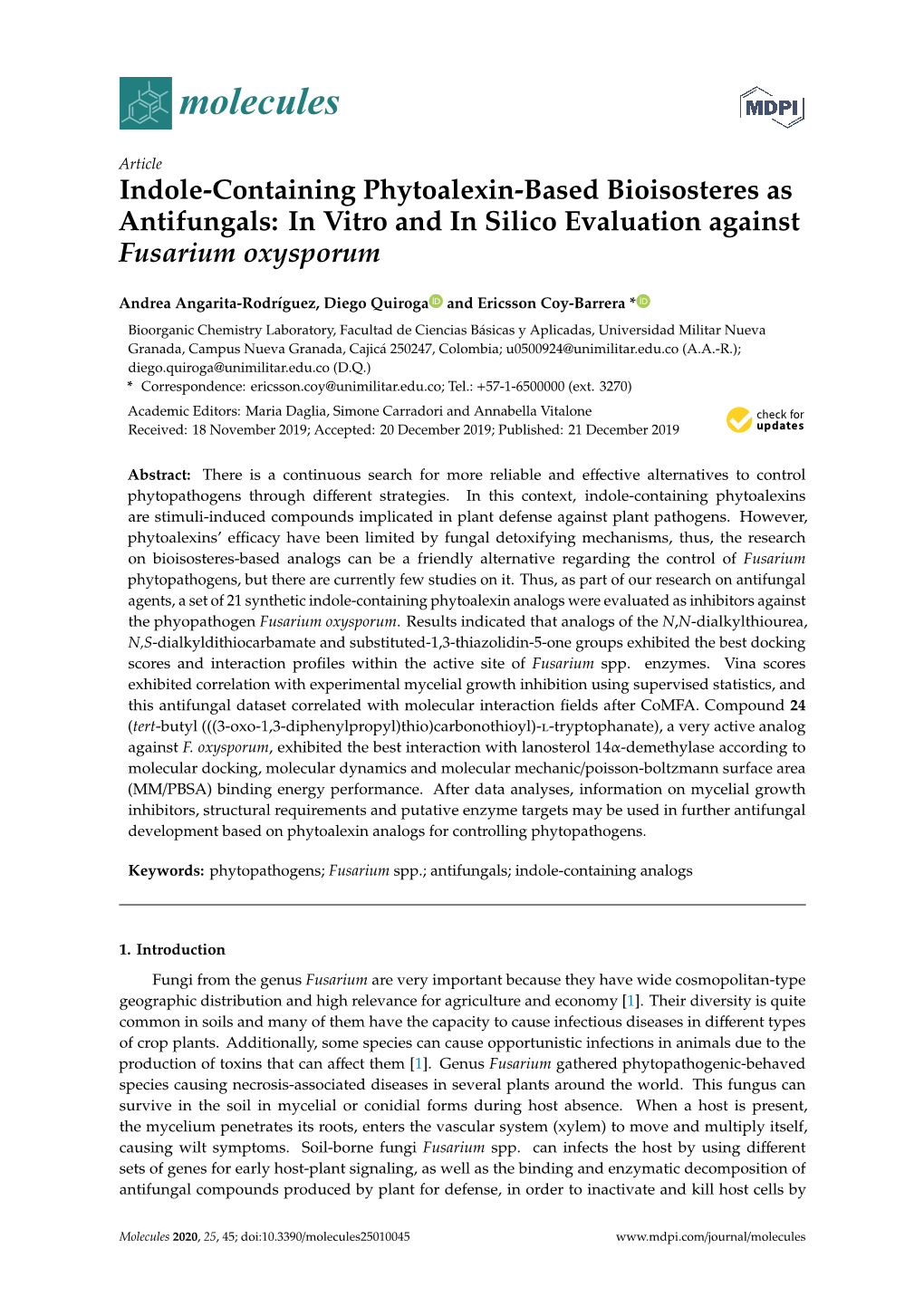 Indole-Containing Phytoalexin-Based Bioisosteres As Antifungals: in Vitro and in Silico Evaluation Against Fusarium Oxysporum