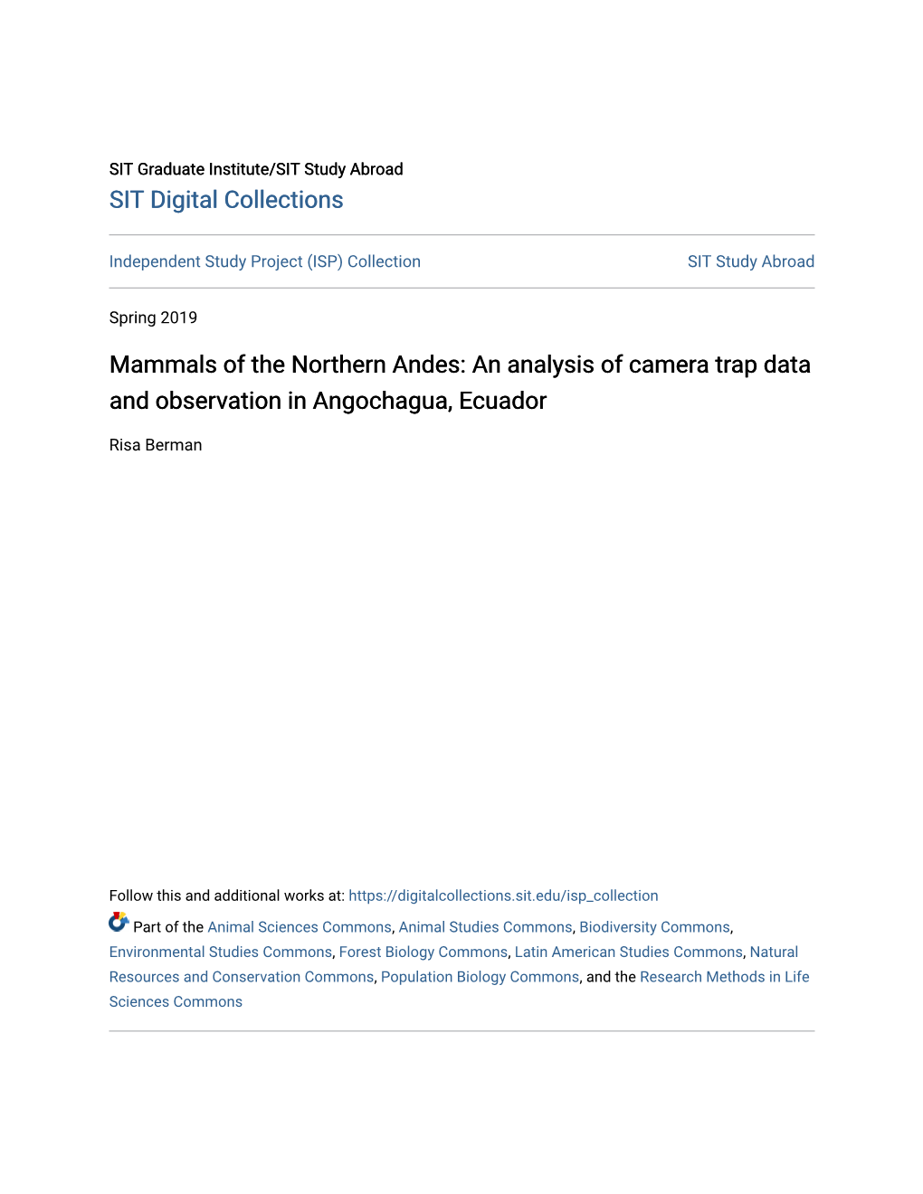 Mammals of the Northern Andes: an Analysis of Camera Trap Data and Observation in Angochagua, Ecuador