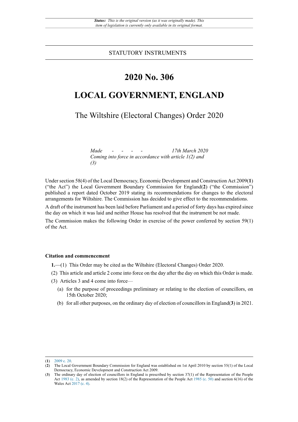 Wiltshire Electoral Changes Order 2020