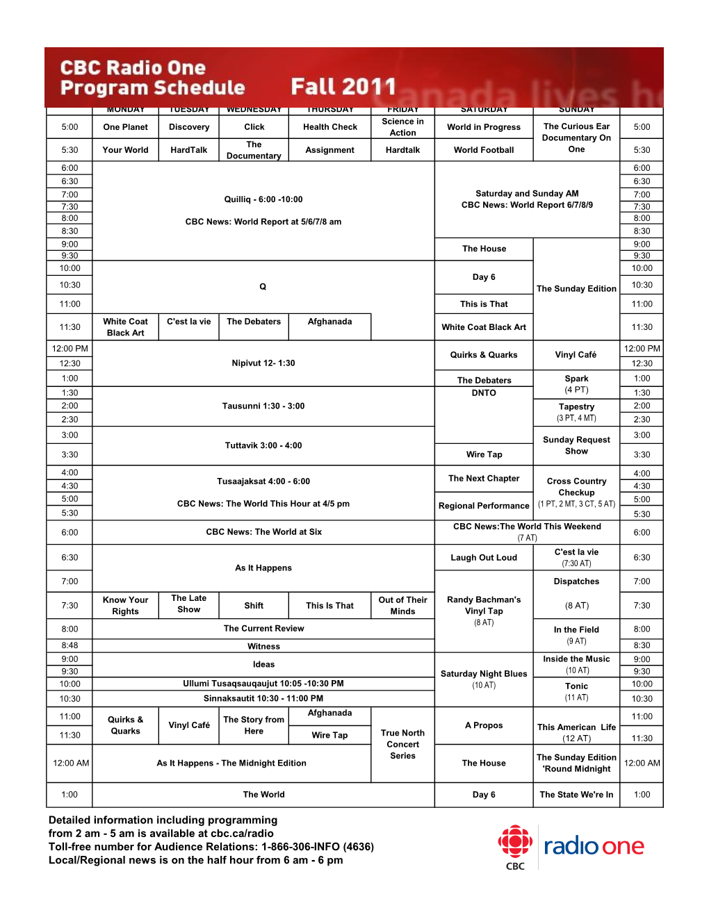 CBC Radio One Summer Schedule 2011