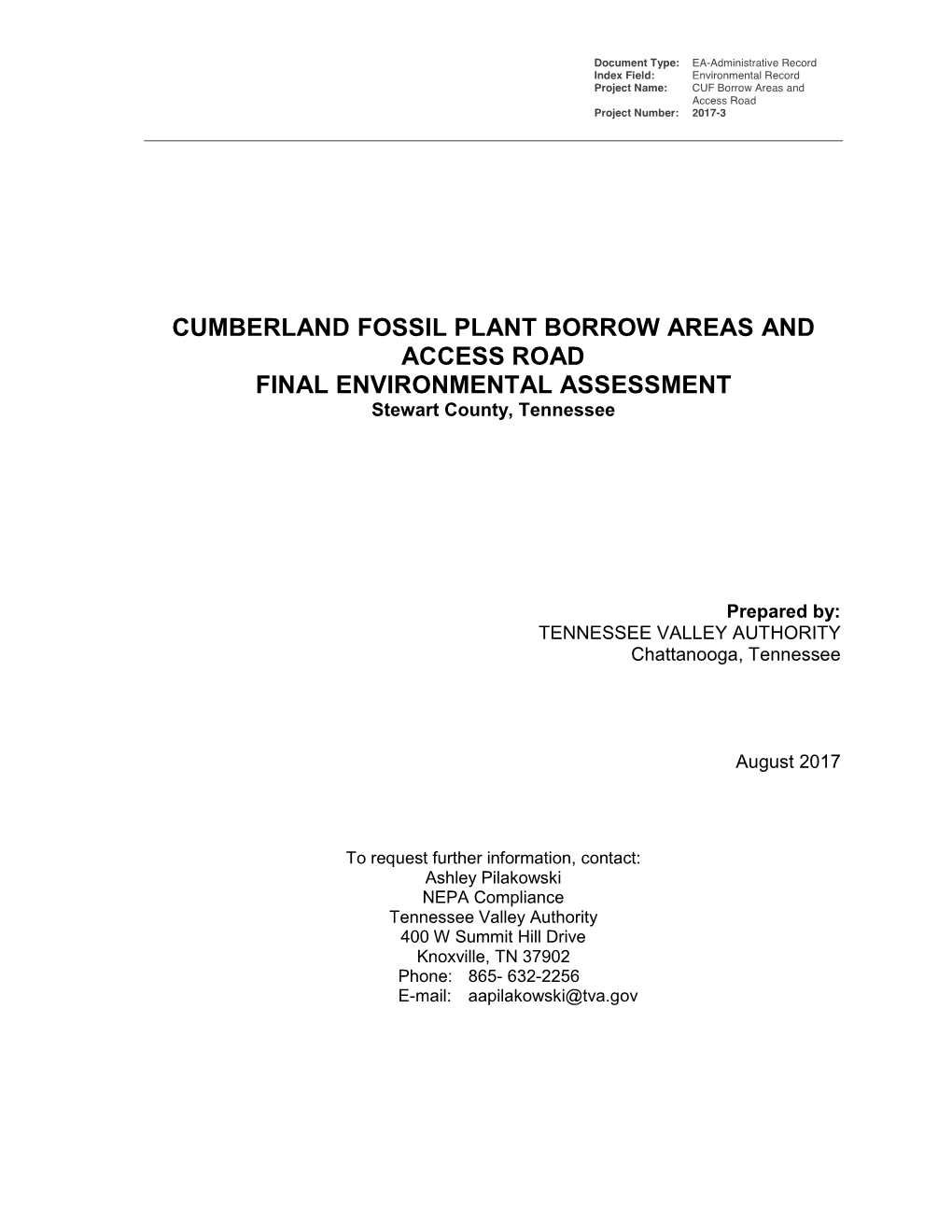 CUMBERLAND FOSSIL PLANT BORROW AREAS and ACCESS ROAD FINAL ENVIRONMENTAL ASSESSMENT Stewart County, Tennessee
