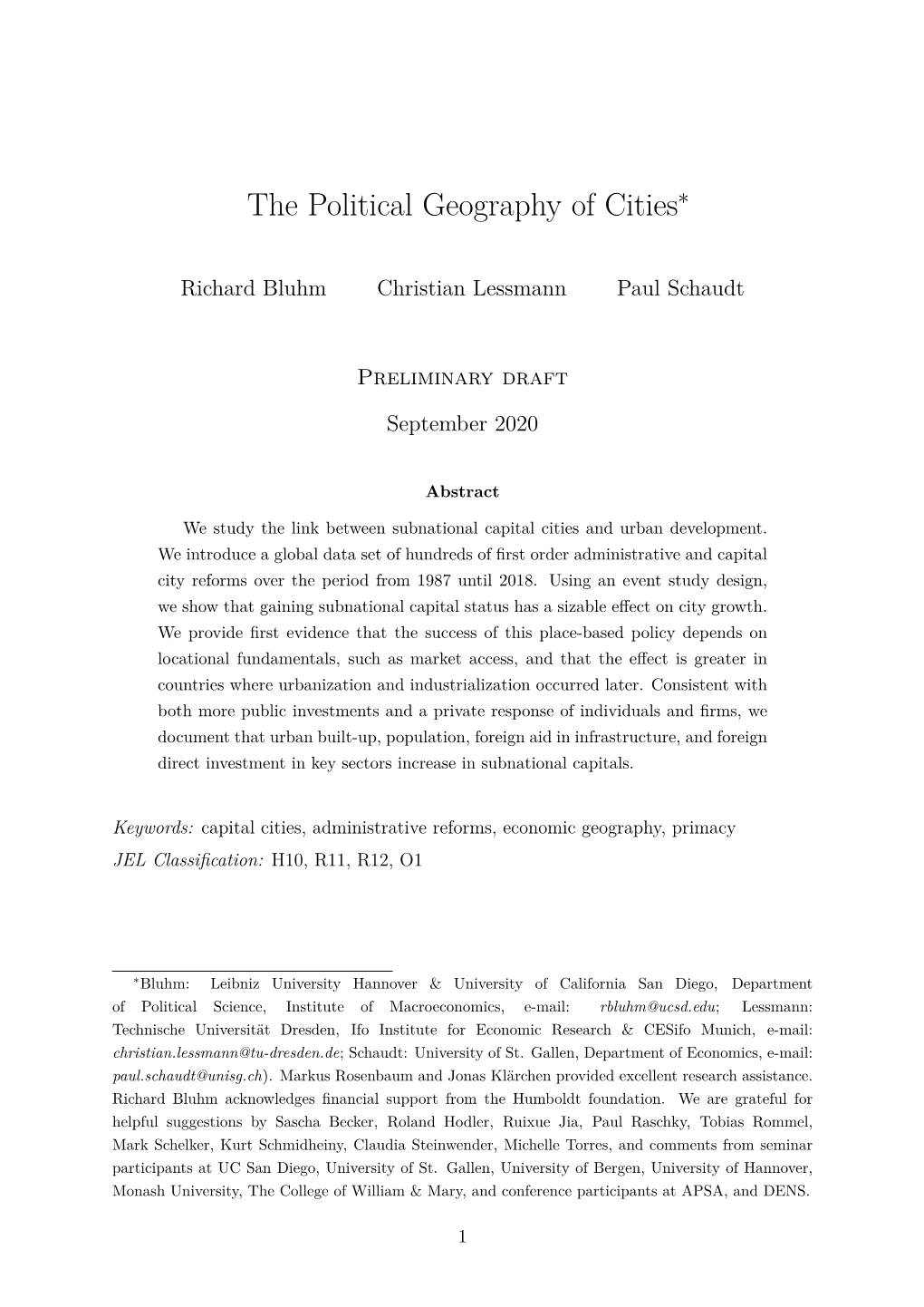 The Political Geography of Cities∗