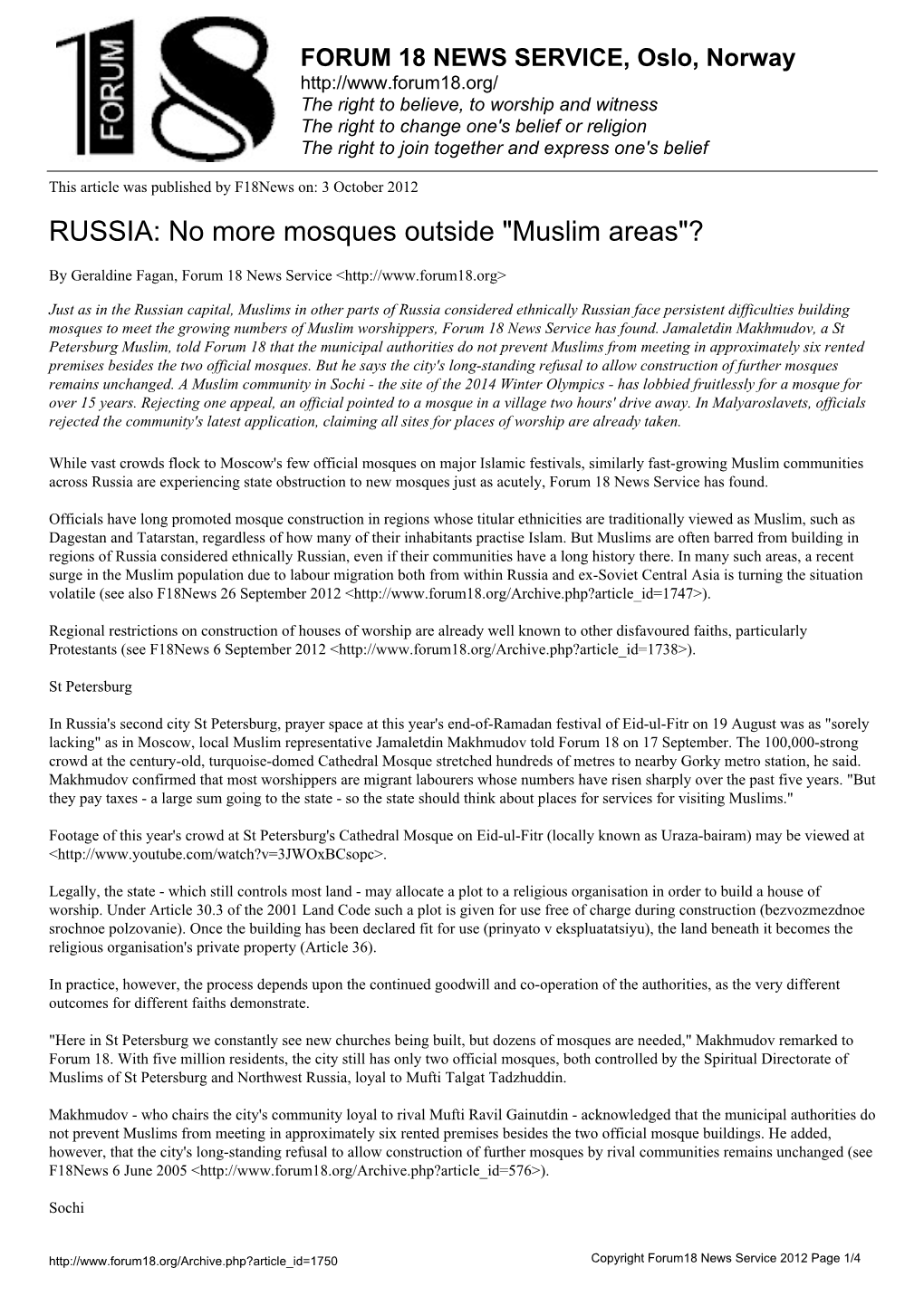 RUSSIA: No More Mosques Outside "Muslim Areas"?