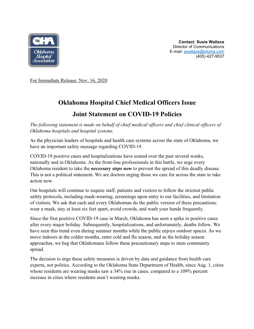 Oklahoma Hospital Chief Medical Officers Issue Joint Statement On