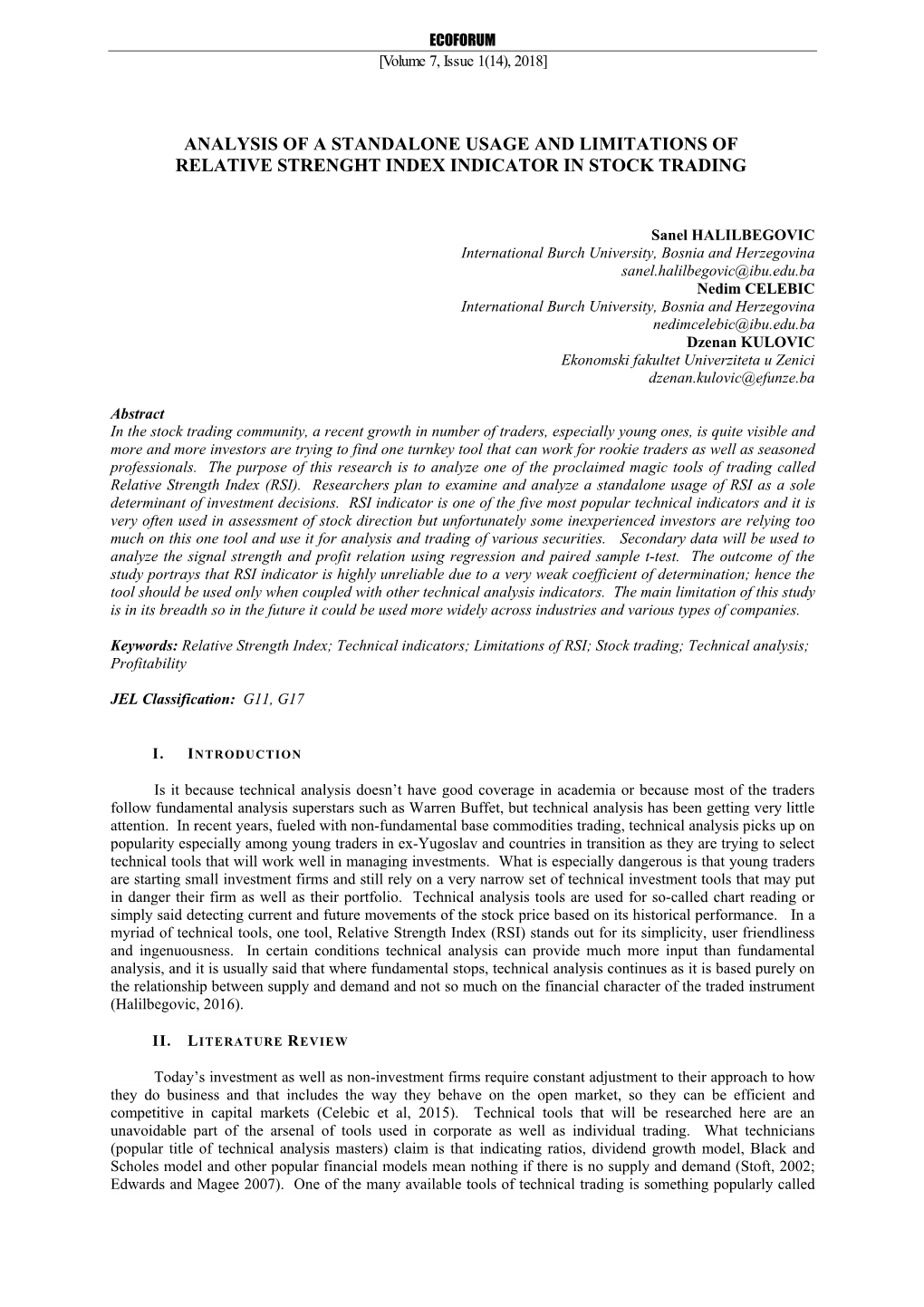 Analysis of a Standalone Usage and Limitations of Relative Strenght Index Indicator in Stock Trading