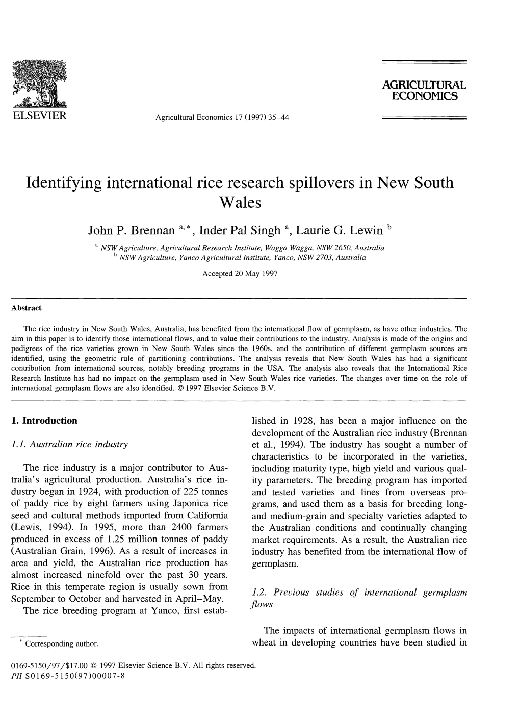 Identifying International Rice Research Spillovers in New South Wales