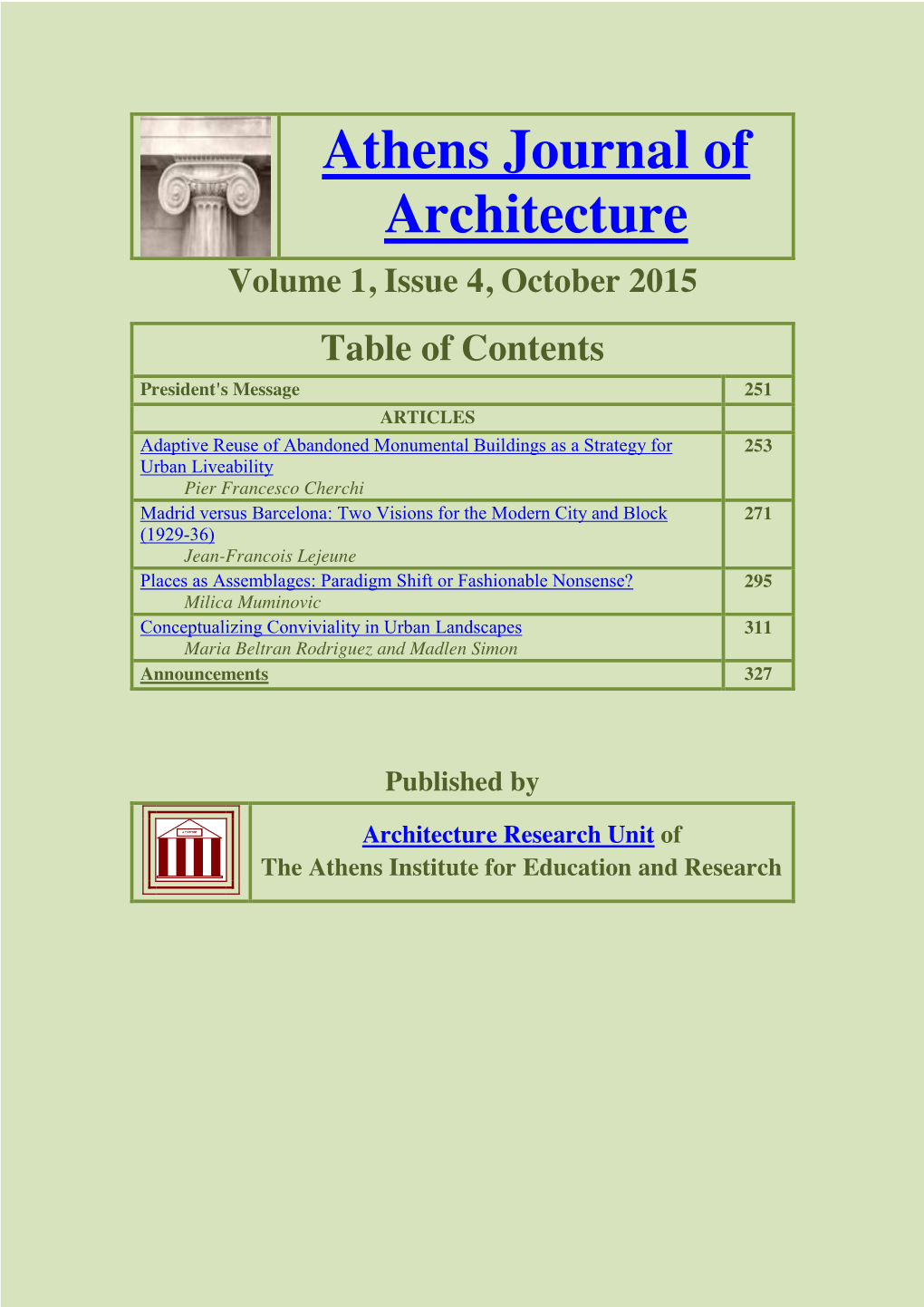 Athens Journal of Architecture Volume 1, Issue 4, October 2015